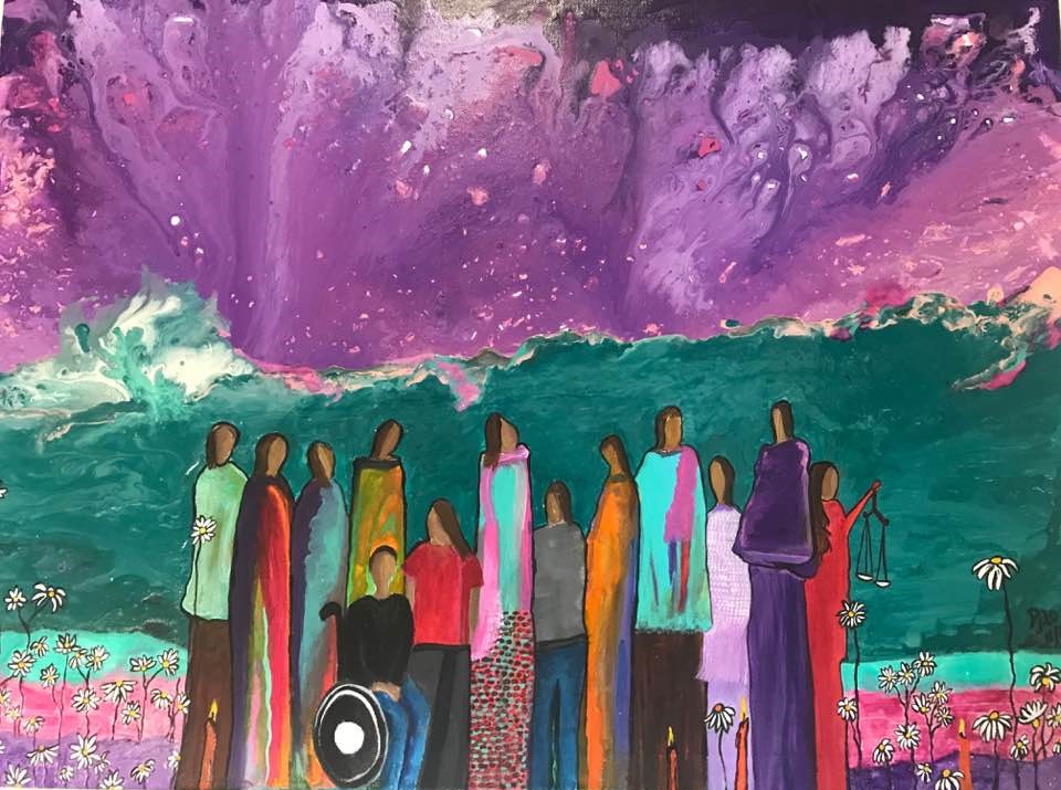 Painting of 13 people standing and sitting with a purple and turquoise background. Painting by Pati Flores.