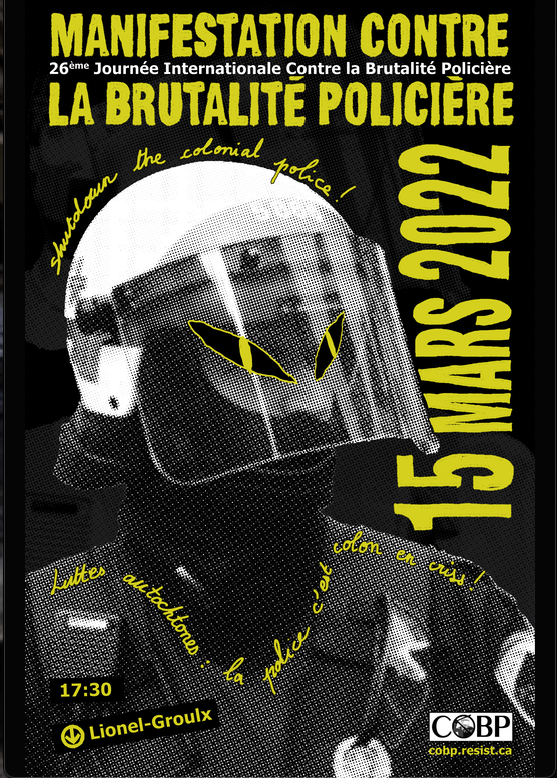 Poster for International Day Against Police Brutality. Alien cop in helmet and face mask