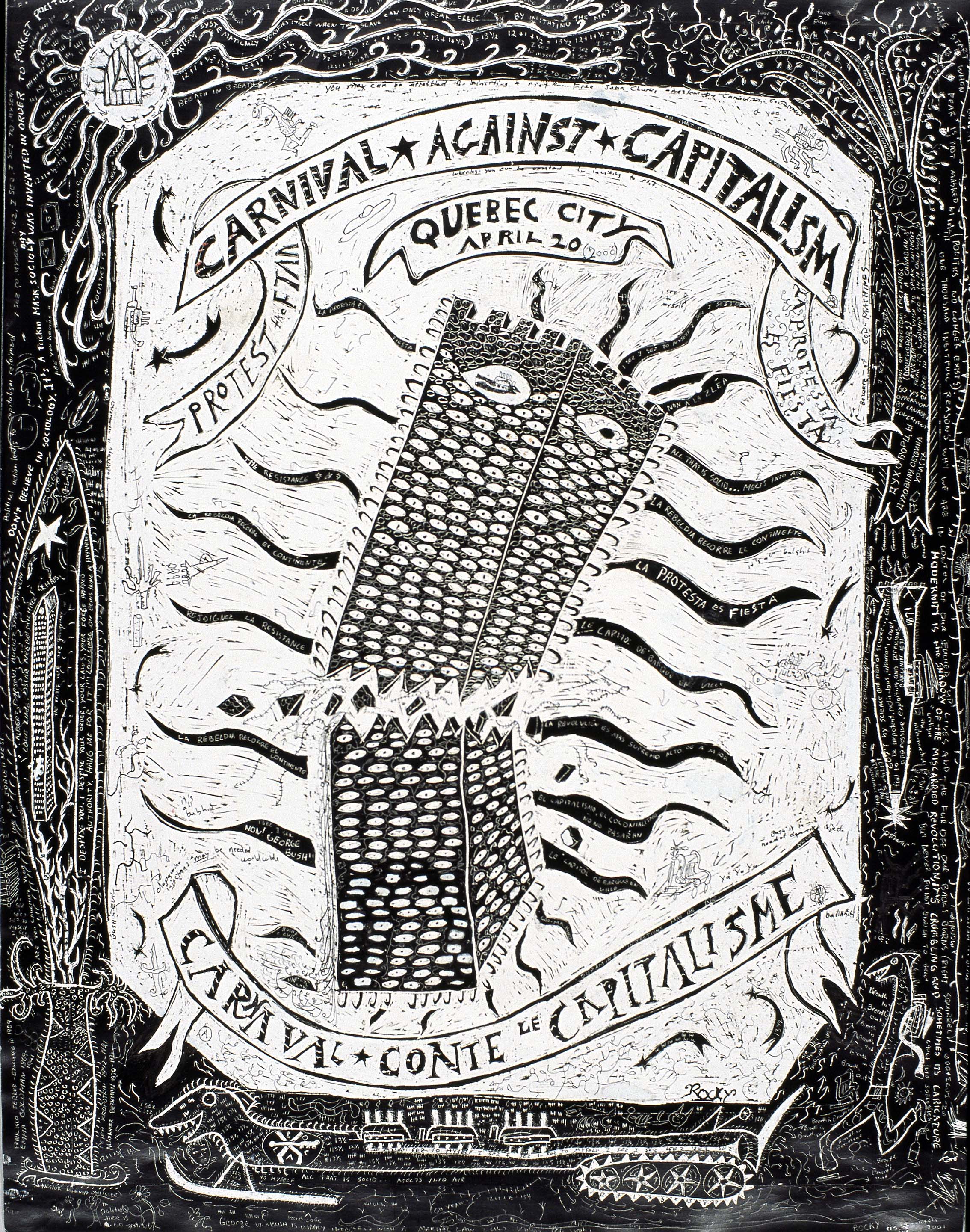 Poster for the Carnival Against Capitalism at the April 2001 protests against the FTAA in Quebec City. (Photo: Rocky Dobey)