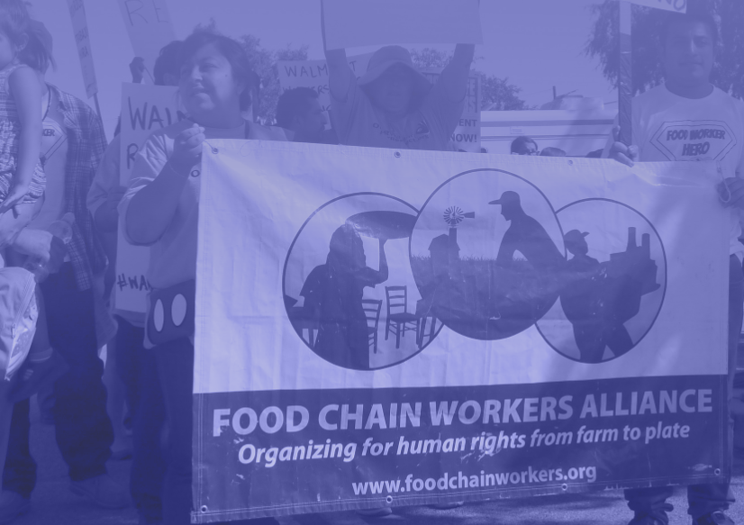 Food Chain Workers Alliance members holding a banner at a demonstration. Photo: FCWA Food Chain Workers Alliance members holding a banner at a demonstration. Photo: FCWA
