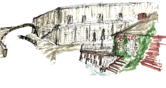 Sketch of Orange Gallery on the right, another older building behind.