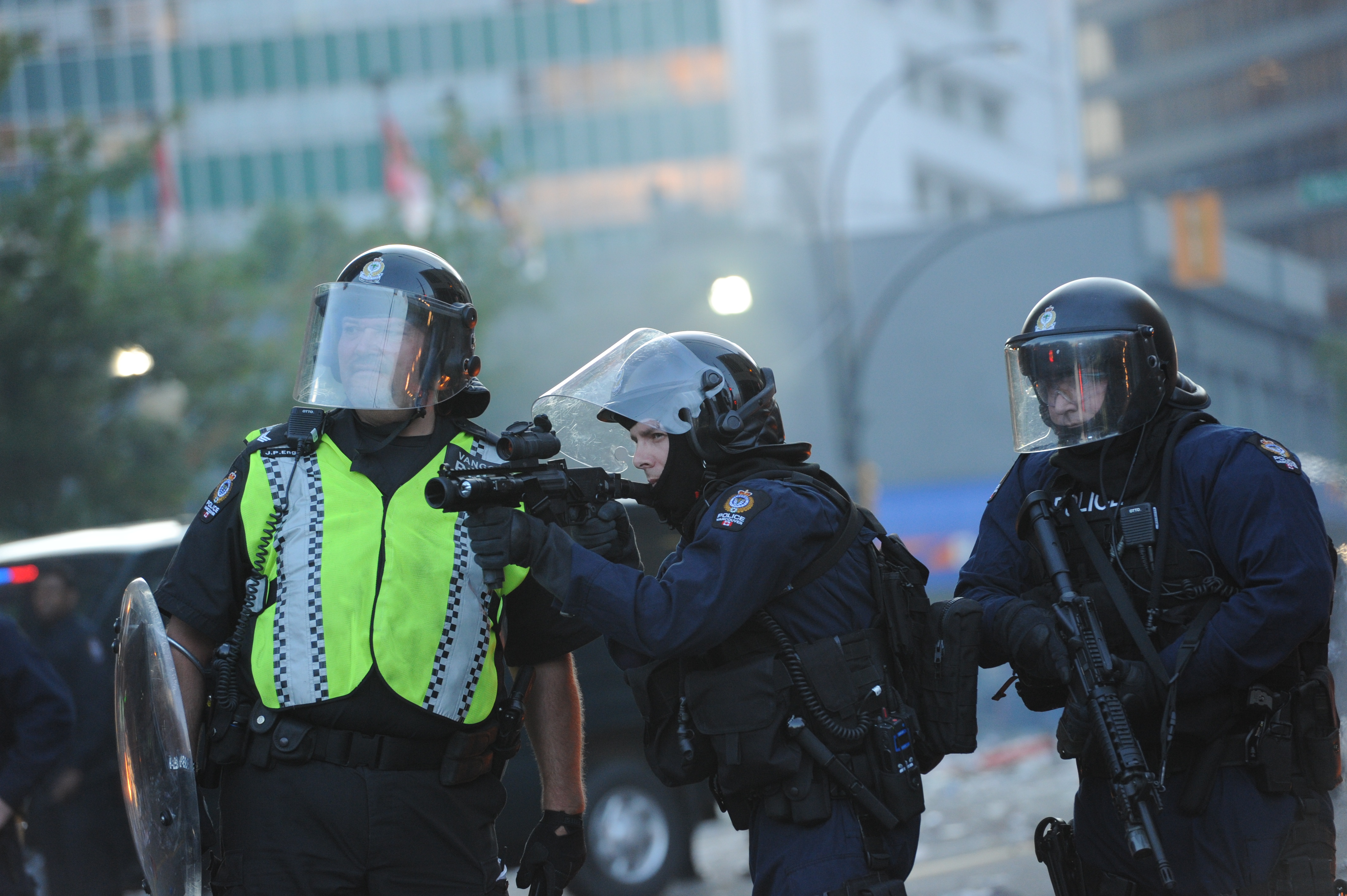VPD anti-riot squad with weapons.