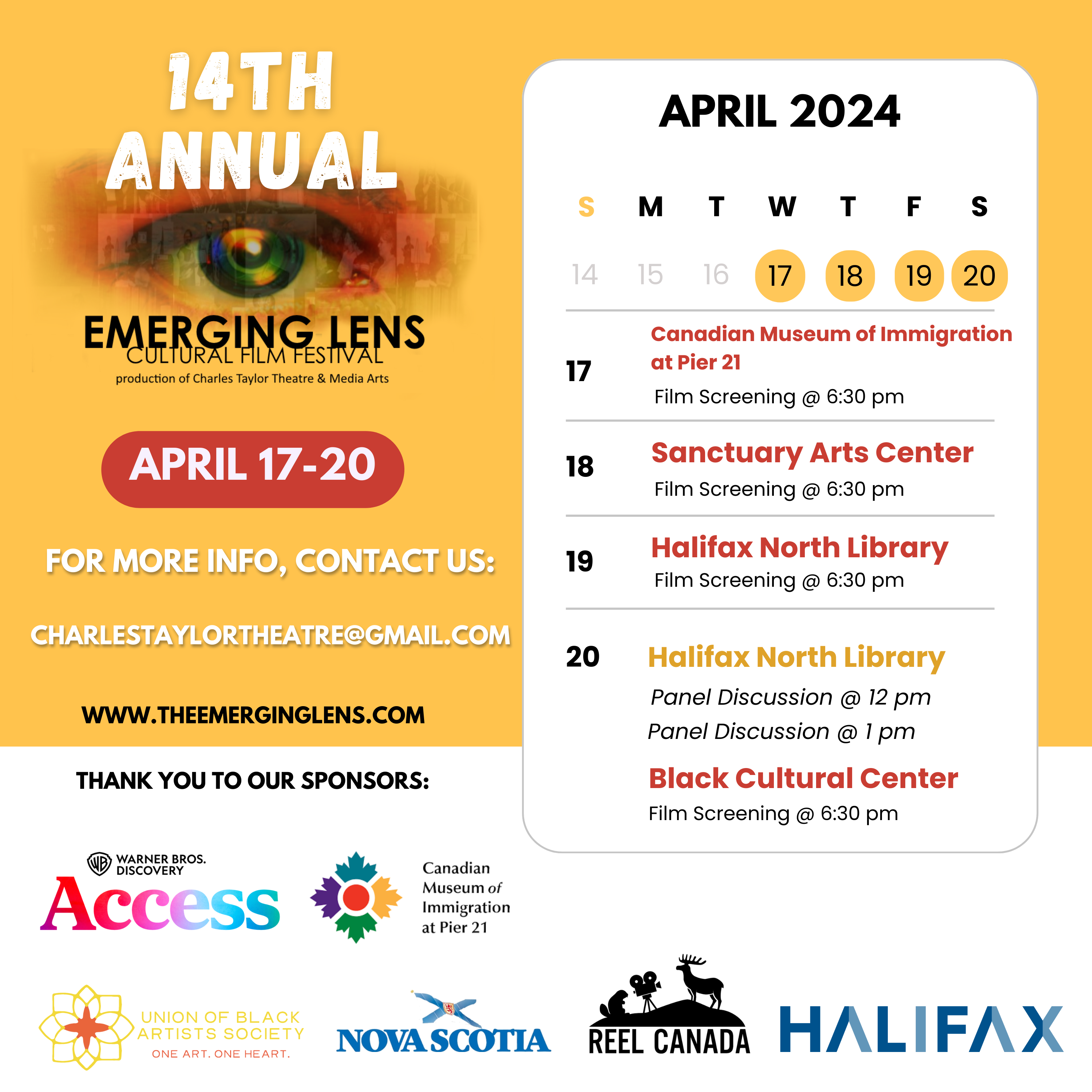 Poster for the 14th annual Emerging Lens Cultural Film Festival, Apr 17-20 in Halifax