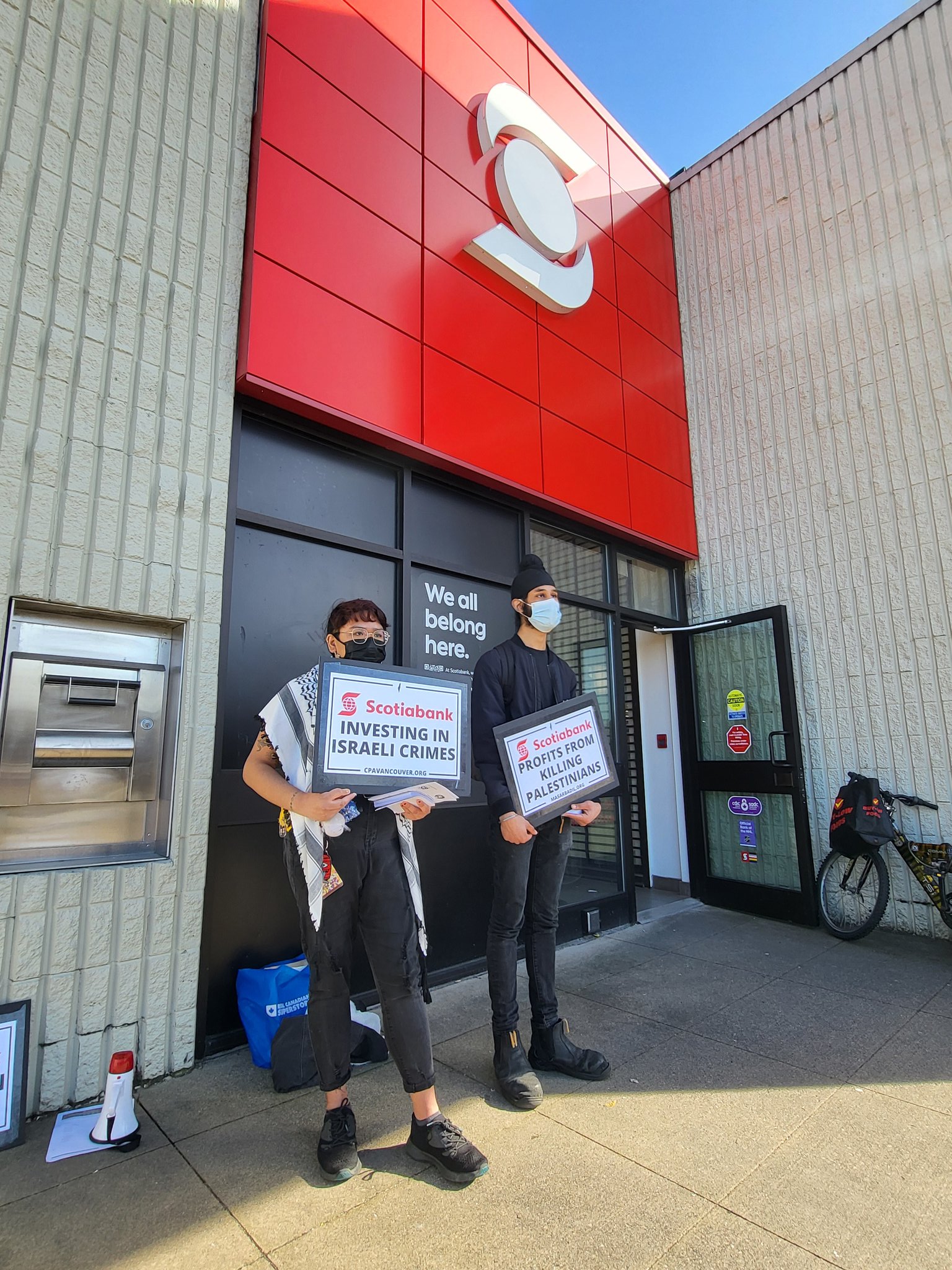 Palestine solidarity picketers at Scotiabank.