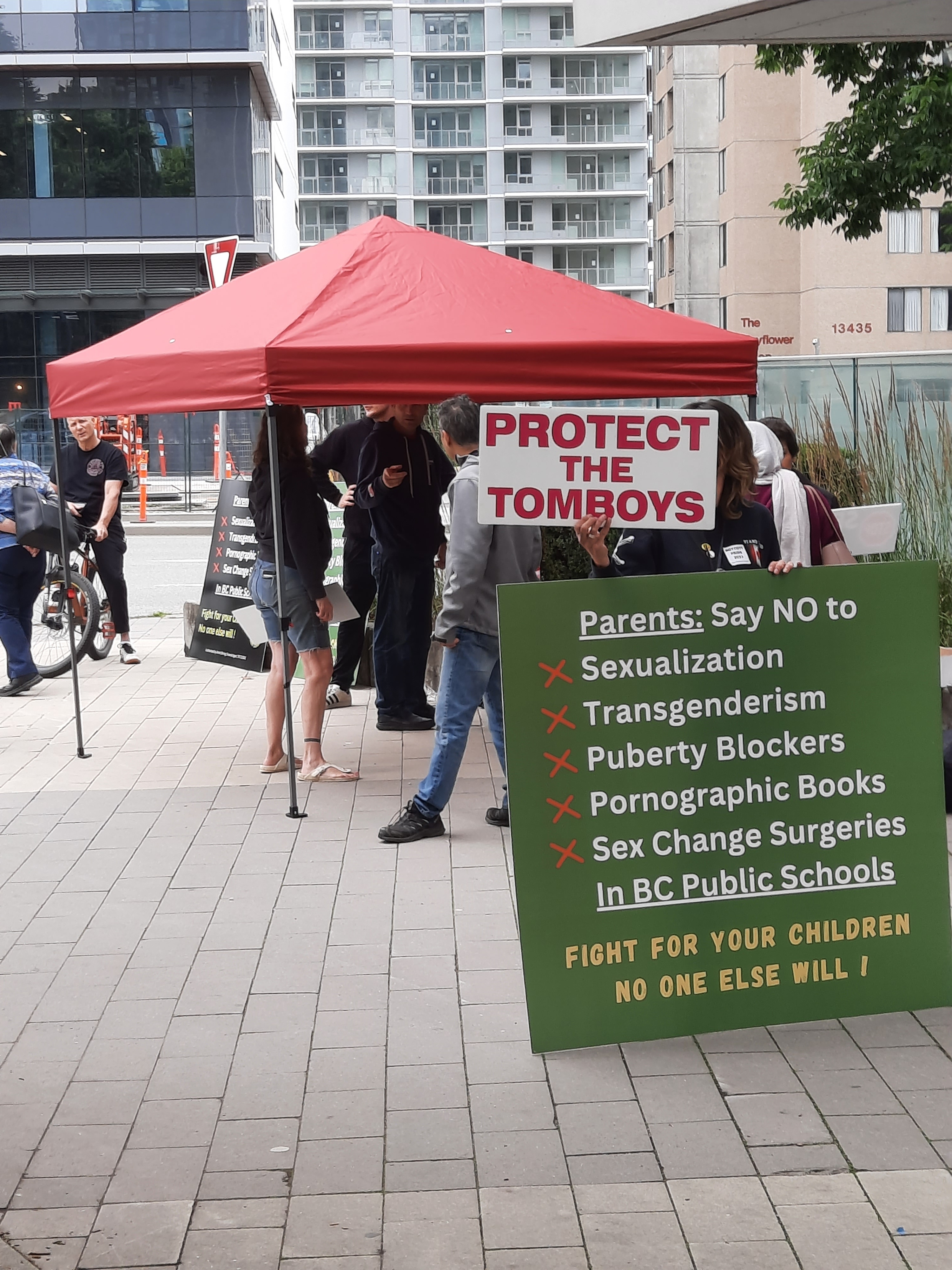 Far-right tent with transphobic placards Far-right tent with transphobic placards