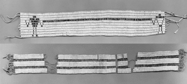 (above) Tehontatenentshonteronhtáhkwa, “the thing by which they link arms,” a.k.a. the Covenant Chain. (Credit: Rick Hill) • (below) Tékeni Teyohà:te, “two roads or paths,” a.k.a. the Two Row Wampum. (Credit: Rick Hill)