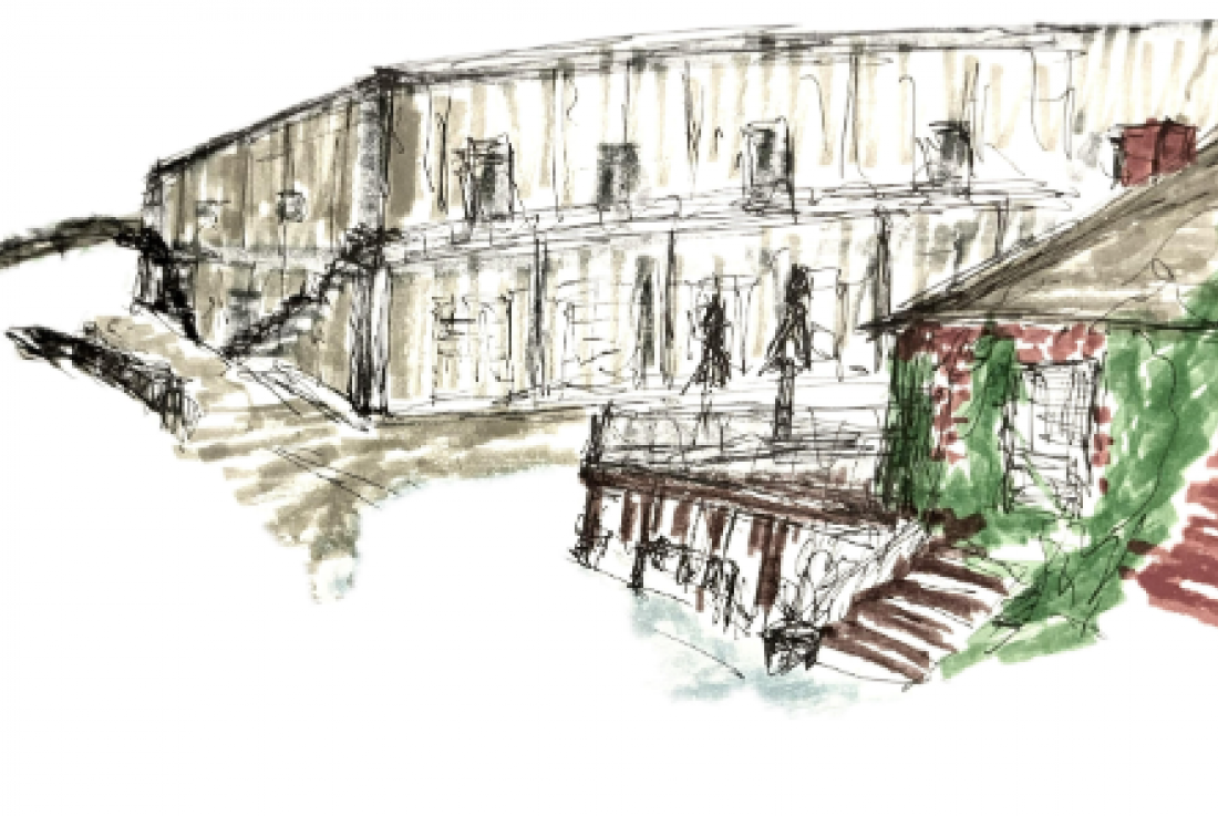 Sketch of Orange Gallery on the right, another older building behind.