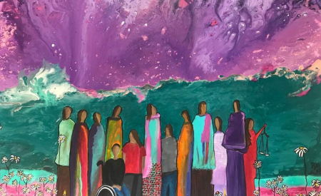 Painting of 13 people standing and sitting with a purple and turquoise background. Painting by Pati Flores.