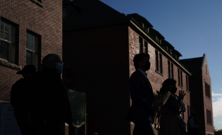 Photo of Justin Trudeau outside the former Kamloops Residential School, October 18, 2021. 