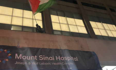 SPIDERMAN4PALESTINE WAVES A PALESTINIAN FLAG ABOVE THE ENTRANCE OF MOUNT SINAI HOSPITAL, ONE OF AT LEAST EIGHT ELEVATED SPOTS THEY CLIMBED TO IN THE COURSE OF THE RALLY ON FEB. 12. PHOTO CREDIT: ANNA LIPPMAN.