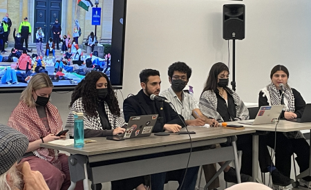 Student-organizers from Occupy4Palestine hold a town hall on Apr. 9 to discuss president Meric Gertler's respond to their demands.