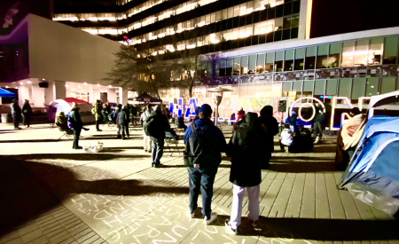 A protest in front of Hamilton city hall in November 2020 demanding that the city defund the police and use the money to address homelessness. (Photo: Scott Neigh)