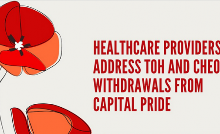 Illustration of a red flower on the left, and on the right the text reads "HEALTHCARE PROVIDERS ADDRESS TOH AND CHEO WITHDRAWALS FROM CAPITAL PRIDE