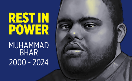 On a dark blue background, on the left: yellow text - "REST IN POWER", below white text - "Muhammad Bhar 2000 - 2024". On the right, a greyscale drawing of Muhammad Bhar