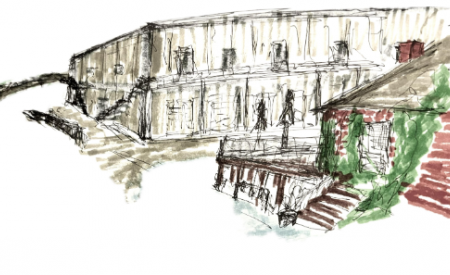 Sketch of Orange Gallery on the right, another older building behind.