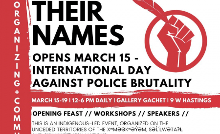Poster for Honour Their Names. Fist holding feather in red