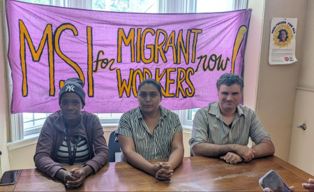 Kerian Burnett (left), Stacey Gomez (centre) from NOII-NS, and Thiago Buchert from the Halifax Refugee Clinic (right) speak at Monday's press conference in Halifax, Nova Scotia. Photo credit: Kaley Kennedy, sourced from Facebook page: https://www.facebook.com/photo/?fbid=601005592186235&set=a.554057570214371