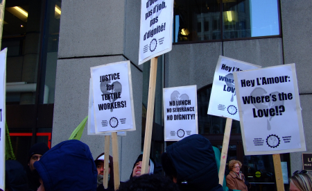 Photo: Tatiana Gomez, immigrant workers picket Lamour Inc. in support of dismissed textile workers in Quebec