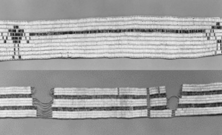 (above) Tehontatenentshonteronhtáhkwa, “the thing by which they link arms,” a.k.a. the Covenant Chain. (Credit: Rick Hill) • (below) Tékeni Teyohà:te, “two roads or paths,” a.k.a. the Two Row Wampum. (Credit: Rick Hill)